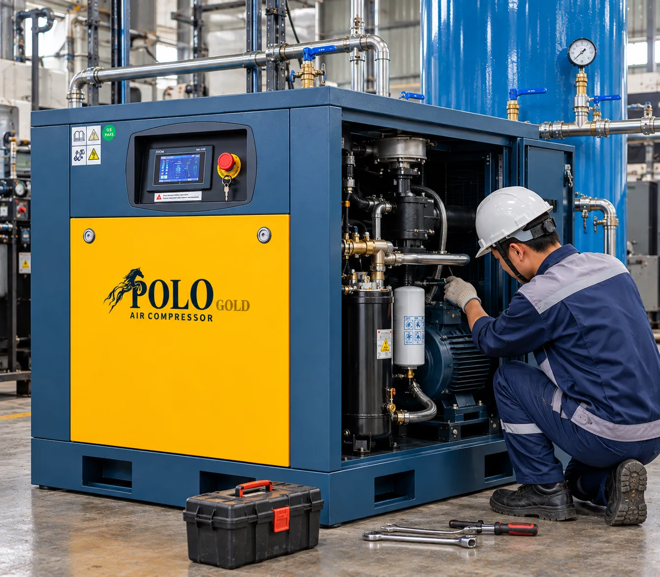 MÁY TRỤC VÍT BIẾN TẦN (Tiết Kiệm Điện) ZQV-30-8 19 Kỹ thuật viên kiểm tra và lắp đặt máy nén khí ZQV-30-8