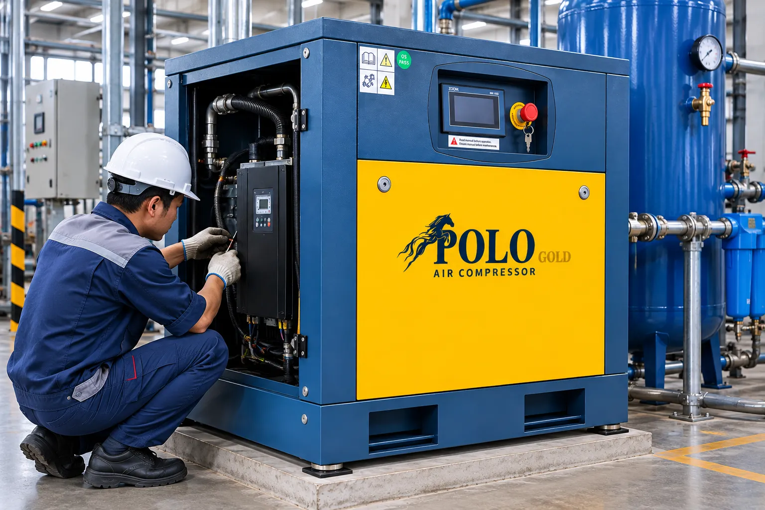 MÁY TRỤC VÍT BIẾN TẦN (Tiết Kiệm Điện ) SM-50YPMA 21 Kỹ thuật viên ARAMCO lắp đặt và kiểm tra hệ thống máy nén khí