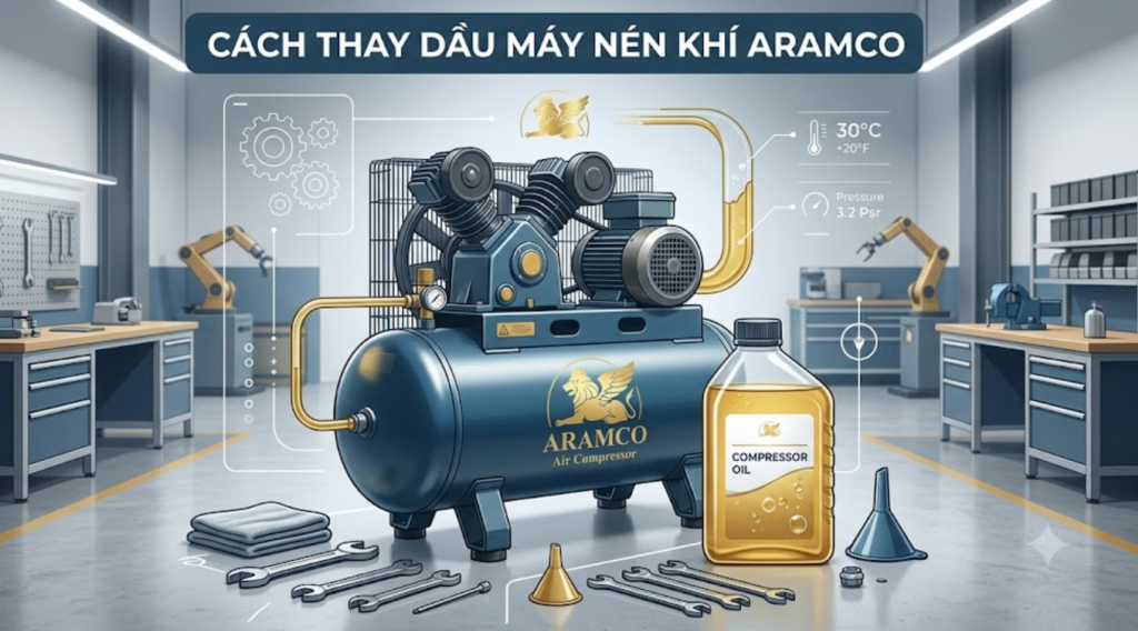 Hướng Dẫn Cách Thay Dầu Máy Nén Khí Aramco Đúng Kỹ Thuật Từ A-Z 6 BƯỚC CHI TIẾT 1 Banner hướng dẫn quy trình bảo dưỡng và thay dầu máy nén khí Aramco chuẩn kỹ thuật.