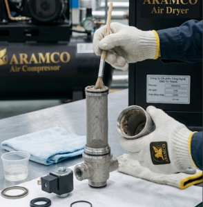 Bảo Dưỡng Máy Sấy Khí Aramco Chuẩn SEO: 4 Mẹo Tránh Sự Cố Đột Ngột 7 Tháo rời và vệ sinh lưới lọc của van xả nước tự động trên máy sấy khí Aramco.