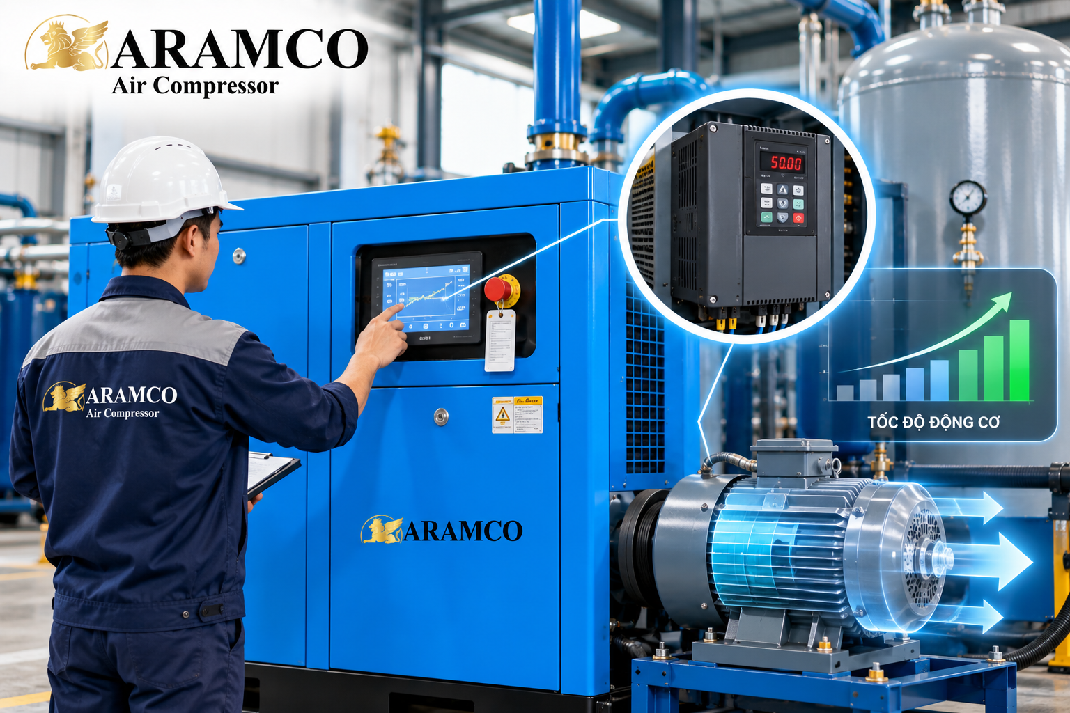 Công nghệ biến tần giúp điều chỉnh tốc độ máy theo lưu lượng khí thực tế.