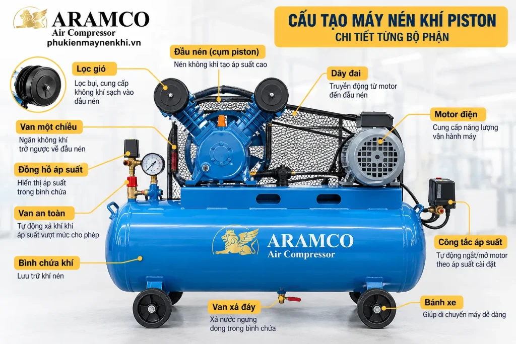 Đầu nén là bộ phận thực hiện quá trình hút và nén khí