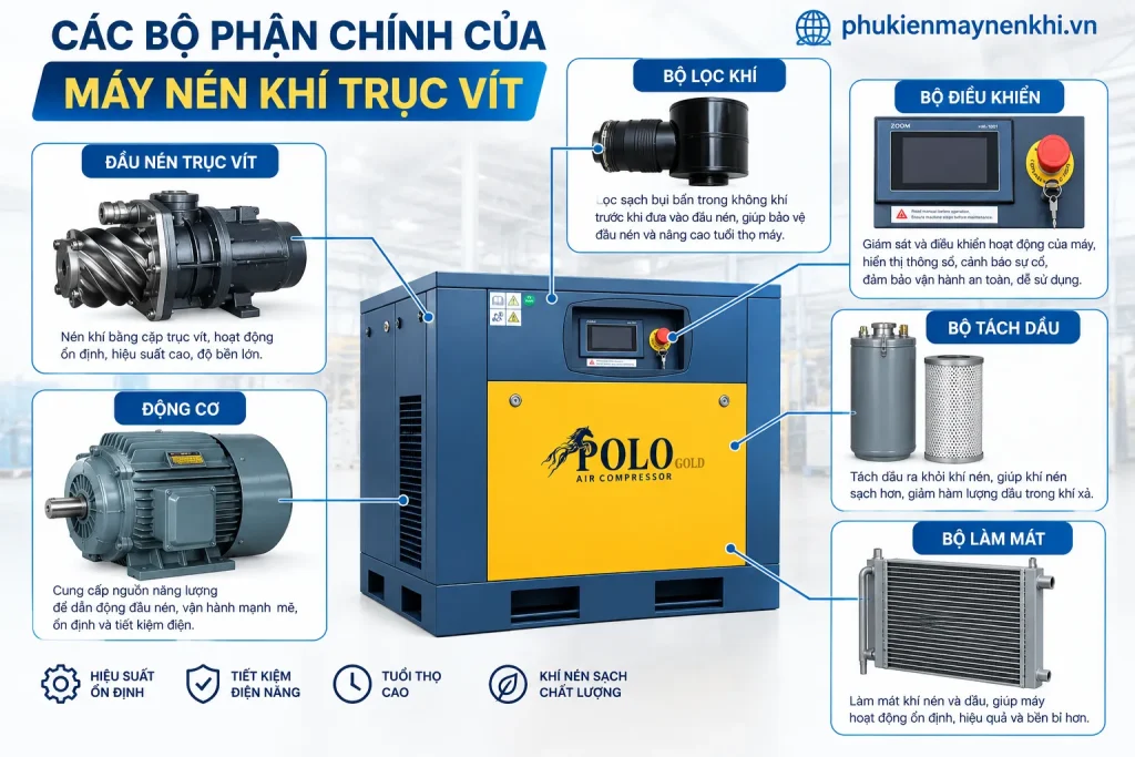 Máy Nén Khí Trục Vít 30 HP Hãng Polo 15 Một hệ thống máy nén khí trục vít thường bao gồm nhiều bộ phận phối hợp với nhau để tạo, làm mát và xử lý khí nén.