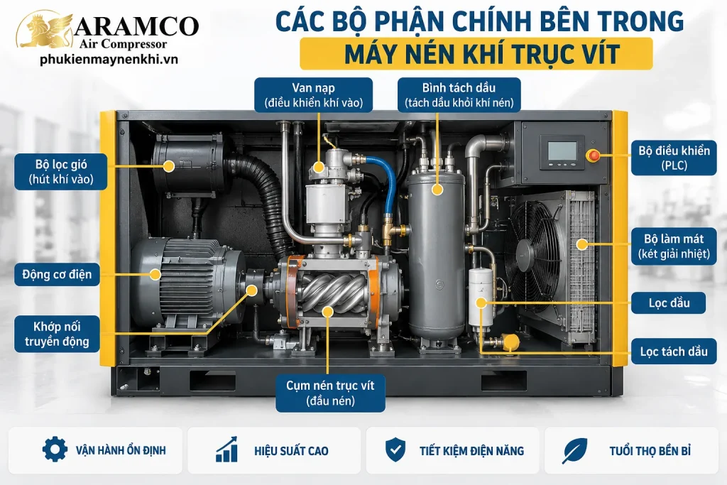Các bộ phận chính bên trong máy nén khí trục vít