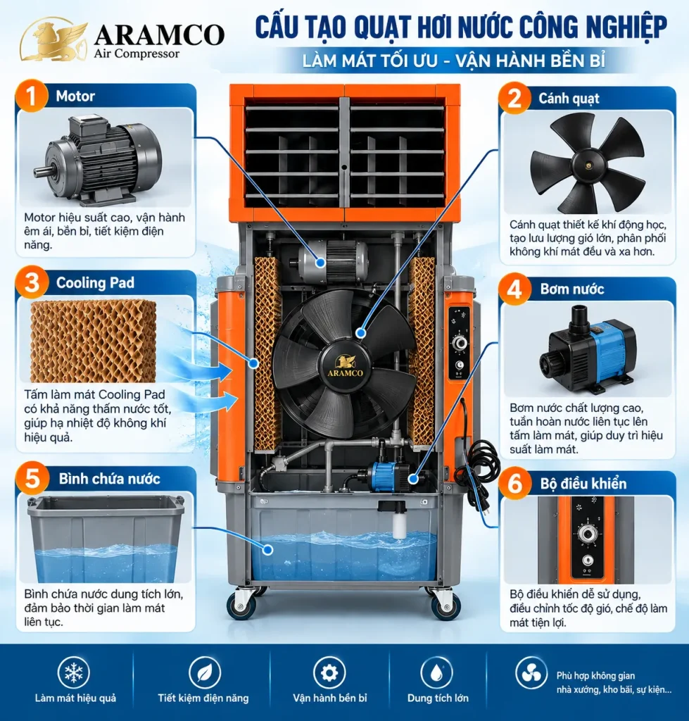 Cấu tạo các bộ phận chính của Quạt Hơi Nước Công Nghiệp