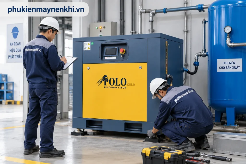 Máy Nén Khí Trục Vít 30 HP Hãng Polo 18 Kỹ thuật viên khảo sát hệ thống trước khi lựa chọn máy nén khí 30 HP