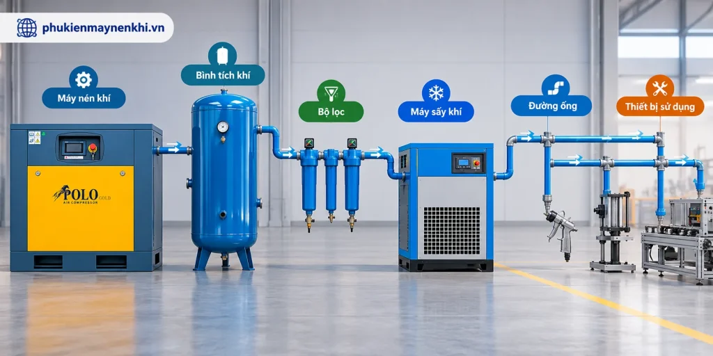Hệ thống khí nén hoàn chỉnh kết hợp máy nén khí trục vít, bình tích khí, bộ lọc và máy sấy khí
