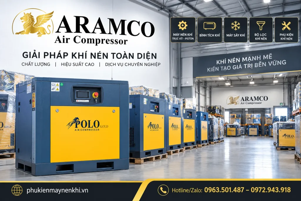 ARAMCO tư vấn Máy Nén Khí Trục Vít 10 HP Hãng Polo và giải pháp hệ thống khí nén phù hợp