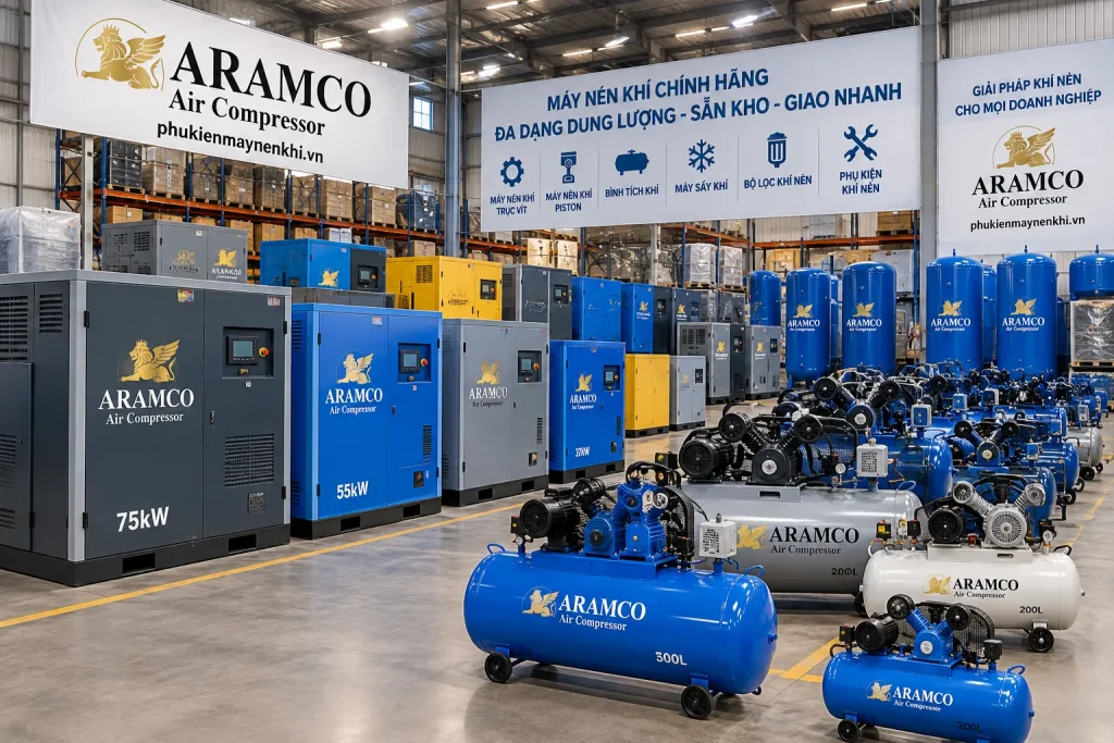 Máy nén khí Piston và trục vít khác nhau thế nào? 11 ARAMCO cung cấp máy nén khí Piston, máy nén khí trục vít và các thiết bị hỗ trợ hệ thống khí nén.