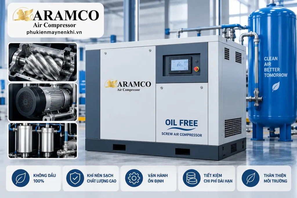 Máy trục vít không dầu được thiết kế để hạn chế dầu tiếp xúc với khoang nén và khí đầu ra