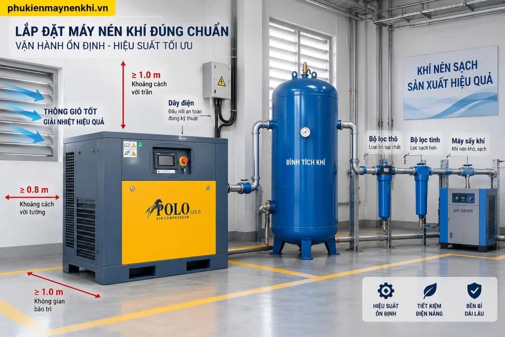 Máy Nén Khí Trục Vít 10 HP Hãng Polo được bố trí tại vị trí thông thoáng, thuận tiện vận hành và bảo trì