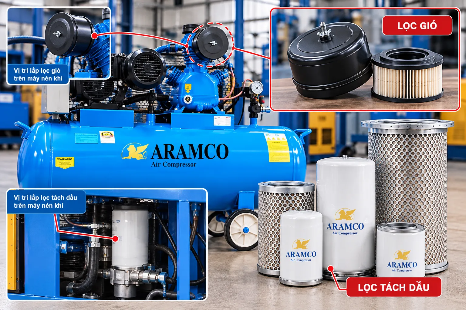 Lọc gió và lọc tách dầu giúp bảo vệ đầu nén khỏi bụi và hạn chế dầu đi theo dòng khí nén