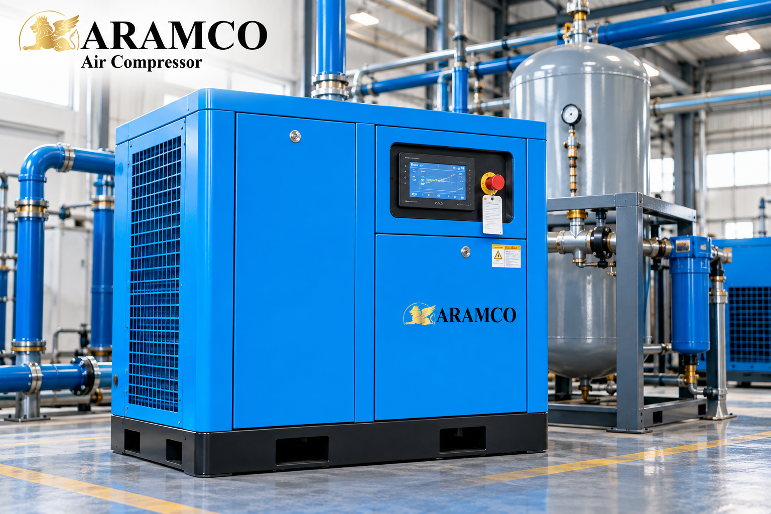 Máy nén khí biến tần ARAMCO điều chỉnh tốc độ động cơ theo nhu cầu sử dụng khí.