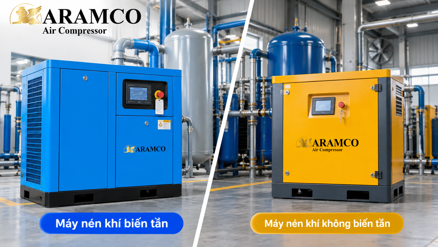 So sánh máy nén khí biến tần và không biến tần trong hệ thống khí nén công nghiệp.