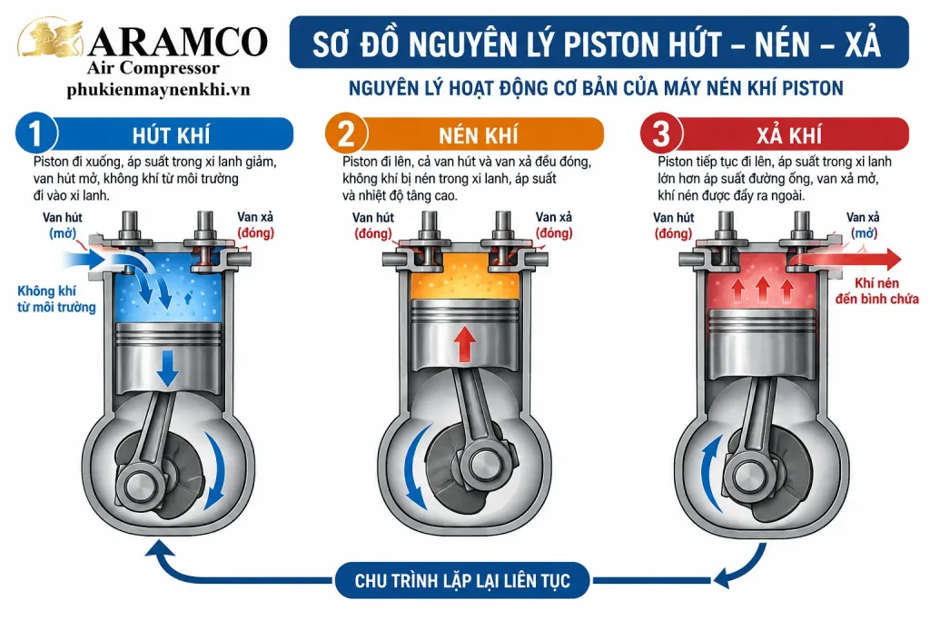 Nguyên lý hoạt động của máy nén khí Piston qua các giai đoạn hút, nén và xả