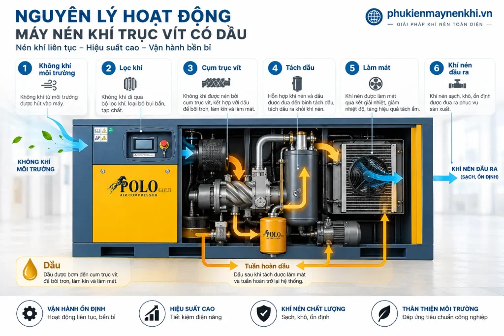Sơ đồ nguyên lý hoạt động cơ bản của máy nén khí trục vít từ quá trình hút, nén đến cung cấp khí nén