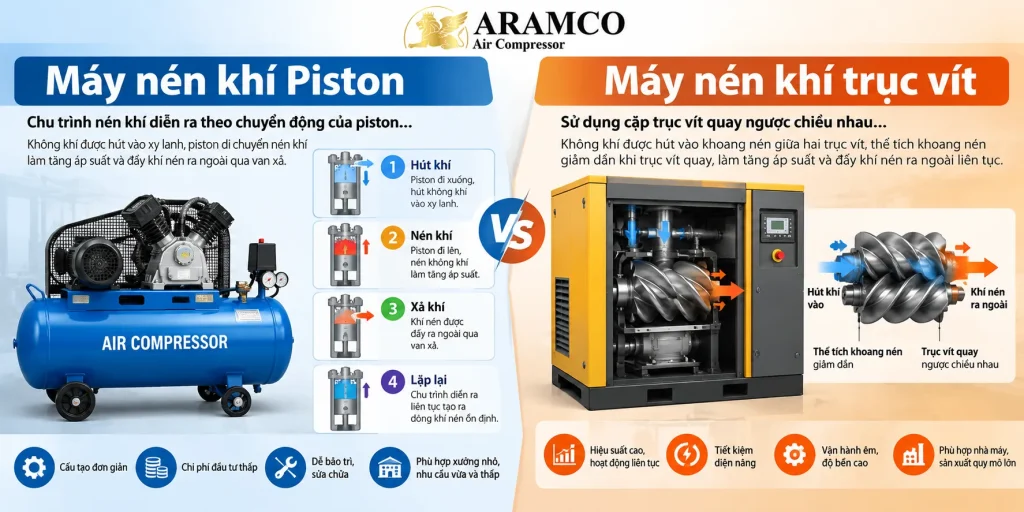 Máy nén khí Piston và trục vít khác nhau thế nào? 7 Chu trình nén khí của Piston và trục vít có sự khác biệt do cơ cấu nén khác nhau.