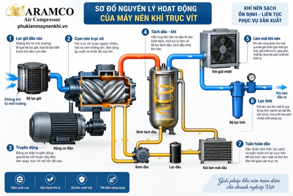 Sơ đồ nguyên lý hoạt động của máy nén khí trục vít