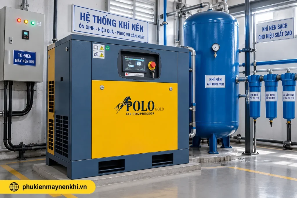 Máy Nén Khí Trục Vít 30 HP Hãng Polo 14 Máy Nén Khí Trục Vít 30 HP Hãng Polo đáp ứng nhu cầu vận hành thường xuyên