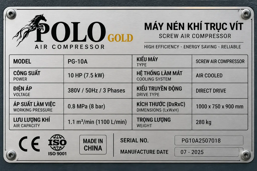 Tem thông số kỹ thuật của Máy Nén Khí Trục Vít 10 HP Hãng Polo