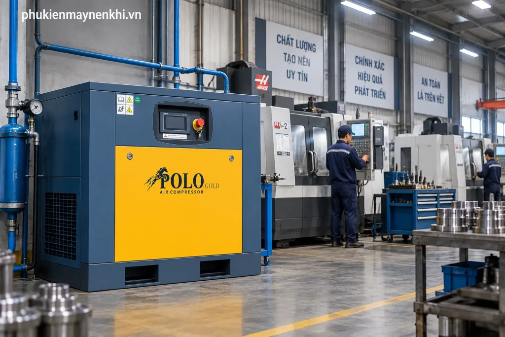 Máy Nén Khí Công Nghiệp: 7 Kinh Nghiệm Chọn Máy Cho Nhà Xưởng 4 Máy nén khí trục vít phù hợp với hệ thống cần lưu lượng khí ổn định và thời gian vận hành dài.