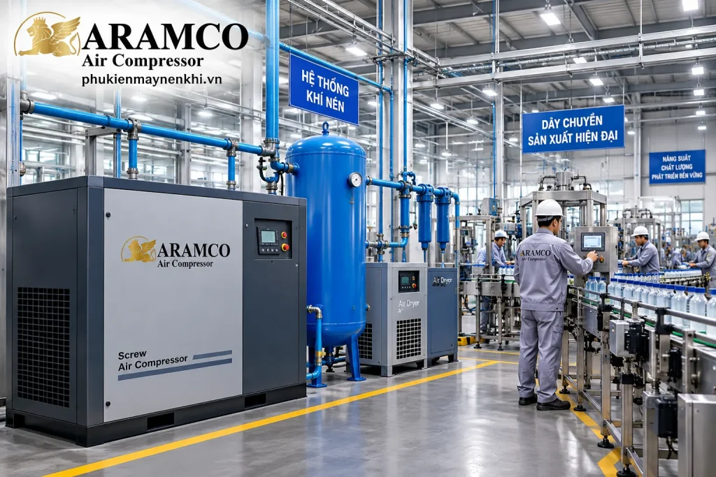 Máy nén khí trục vít được ứng dụng trong nhà máy, xưởng cơ khí và dây chuyền sản xuất