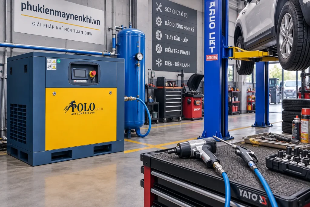 Máy Nén Khí Trục Vít 10 HP Hãng Polo có thể đáp ứng nhu cầu khí nén tại các gara ô tô quy mô phù hợp