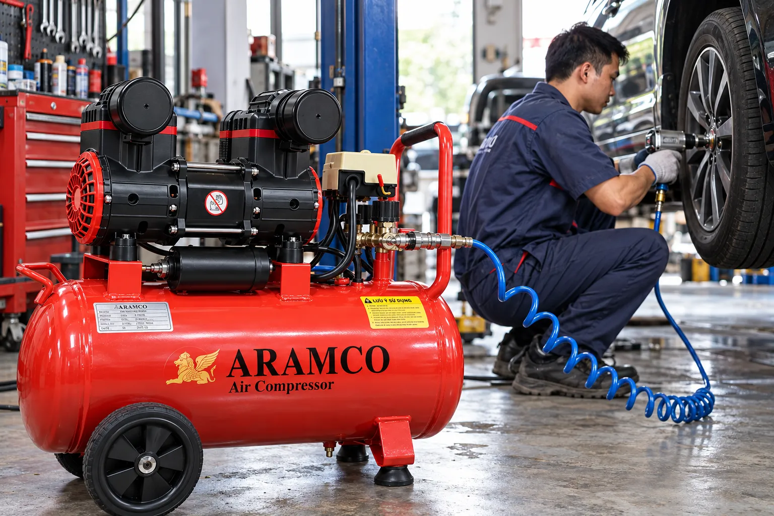 Máy nén khí không dầu được sử dụng trong garage và xưởng sửa chữa