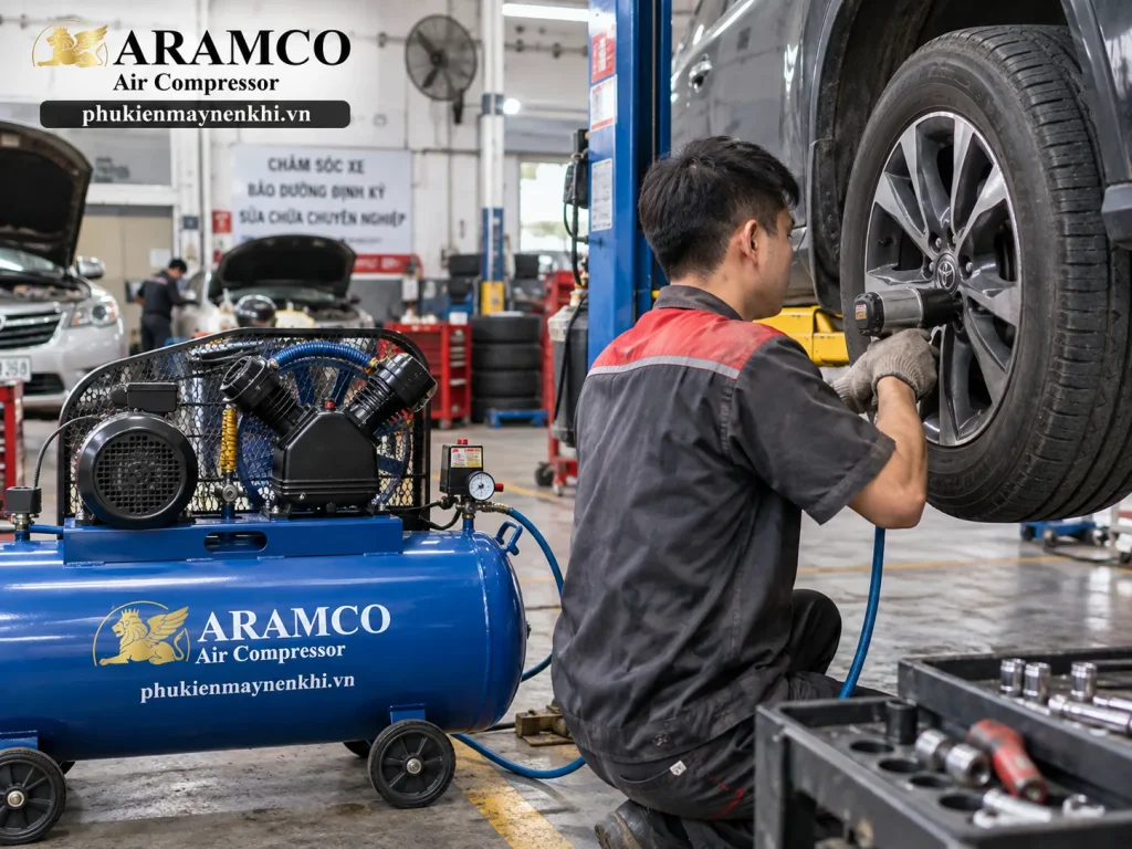 Máy nén khí Piston được sử dụng phổ biến tại gara và xưởng cơ khí