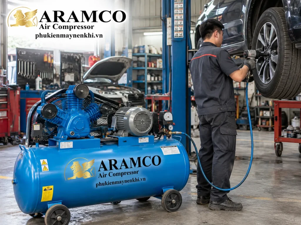 Máy nén khí Piston và trục vít khác nhau thế nào? 4 Máy nén khí Piston phù hợp với gara, xưởng cơ khí và các nhu cầu sử dụng khí nén gián đoạn.
