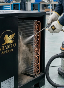 Bảo Dưỡng Máy Sấy Khí Aramco Chuẩn SEO: 4 Mẹo Tránh Sự Cố Đột Ngột 6 Vệ sinh sạch sẽ bụi bẩn trên giàn nóng tản nhiệt của máy sấy khí Aramco.