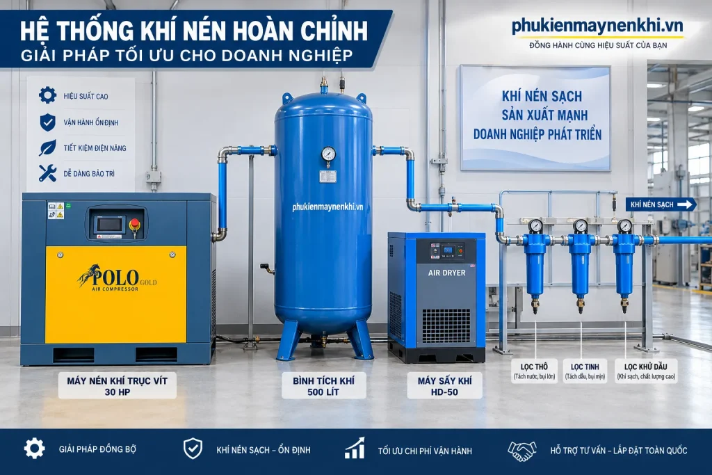 Máy Nén Khí Trục Vít 30 HP Hãng Polo 17 Hệ thống khí nén gồm máy nén khí, bình tích khí, máy sấy và bộ lọc