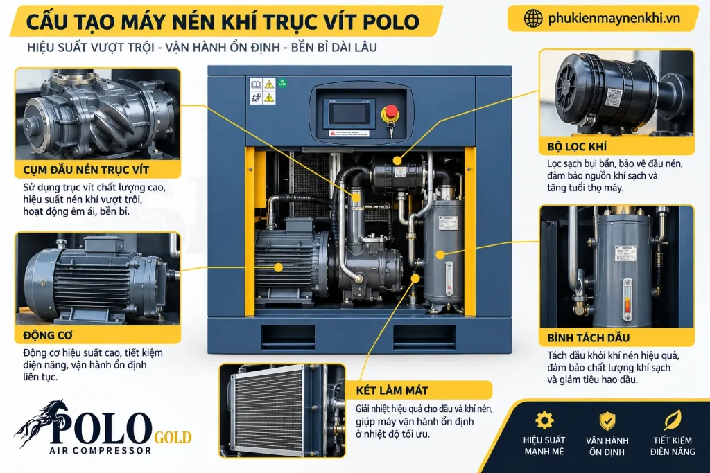 Cụm đầu nén trục vít và các bộ phận bên trong máy đảm nhiệm quá trình tạo khí nén