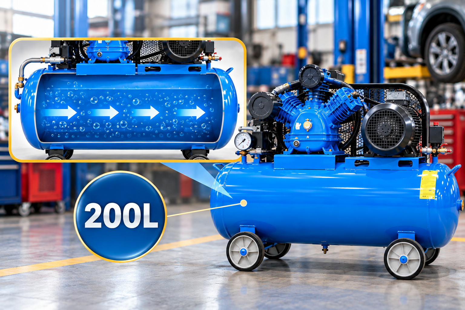 Máy nén khí 200L sử dụng bình chứa dung tích 200 lít để dự trữ khí phục vụ quá trình sử dụng.