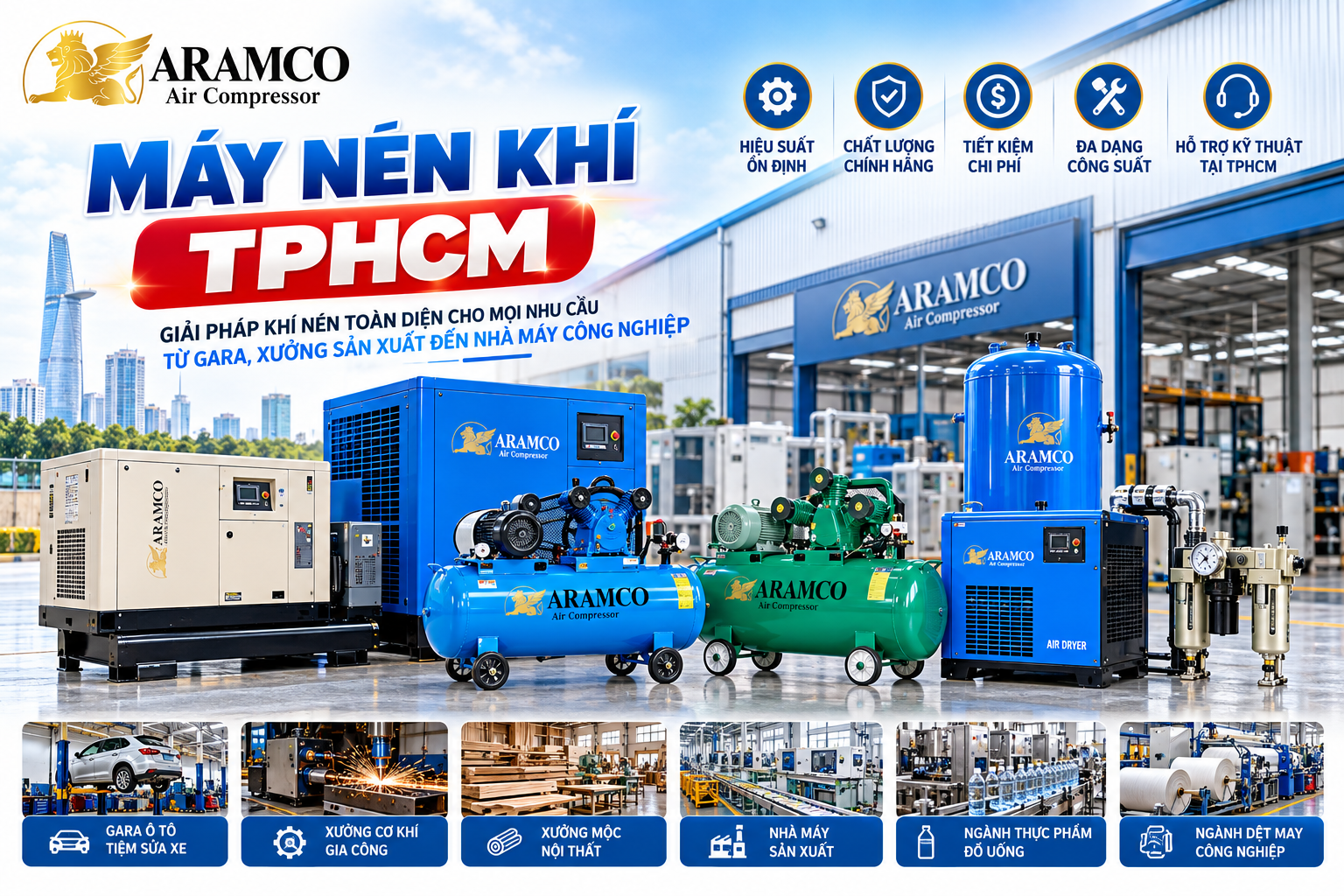 Máy nén khí TPHCM – Giải pháp khí nén phù hợp cho xưởng và nhà máy 2 Máy nén khí TPHCM ARAMCO đáp ứng đa dạng nhu cầu sử dụng khí nén tại xưởng và nhà máy.