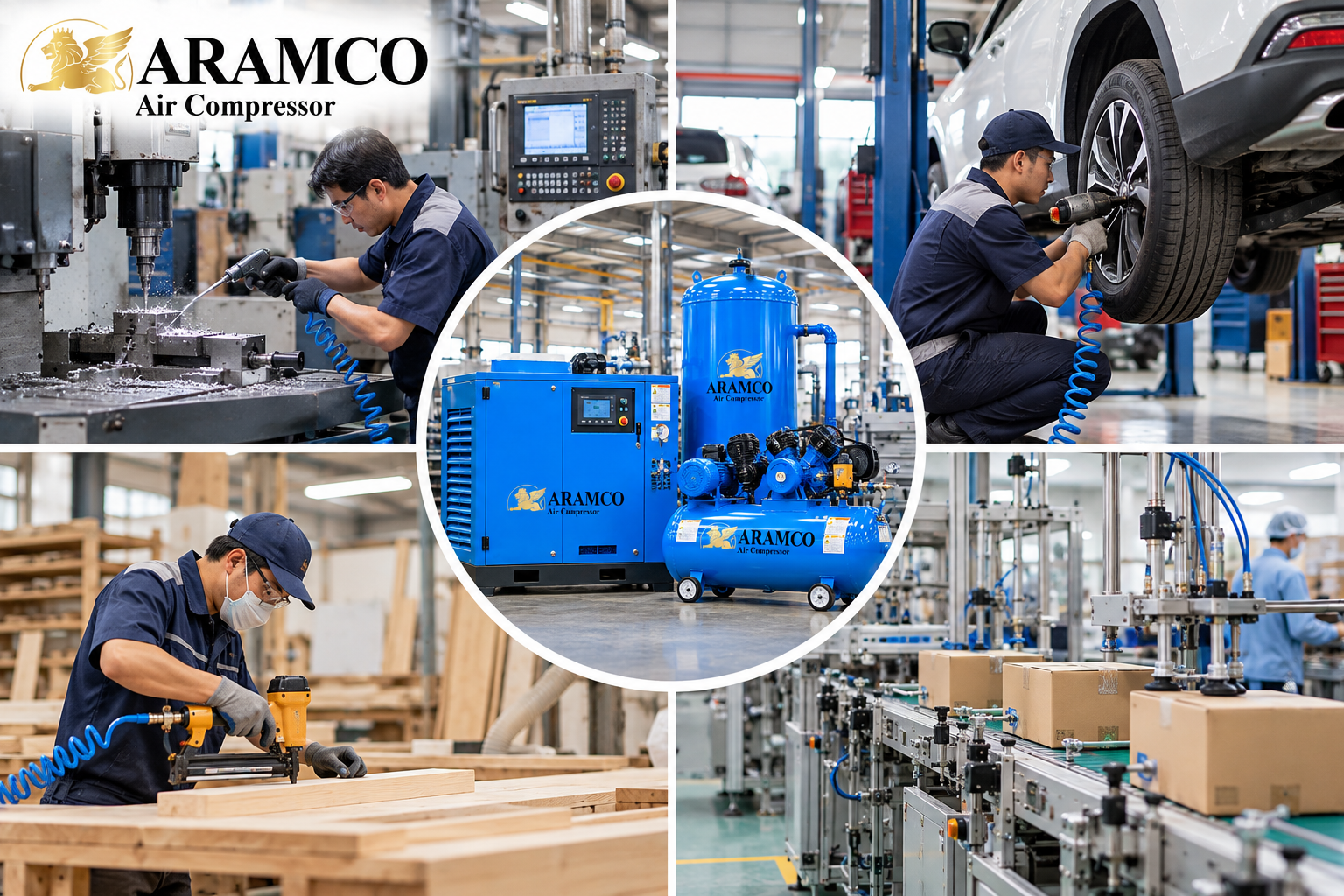 Máy Nén Khí Công Nghiệp: 7 Kinh Nghiệm Chọn Máy Cho Nhà Xưởng 7 Khí nén được ứng dụng trong cơ khí, gara, xưởng gỗ, đóng gói và nhiều dây chuyền sản xuất.